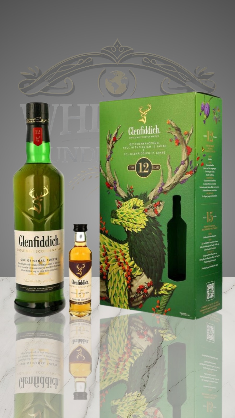 GLENFIDDICH 12 ANOS COM MINIATURA 15 ANOS